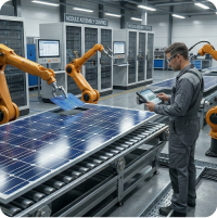 Engineer monitoring robotic arm handling solar panels via tablet